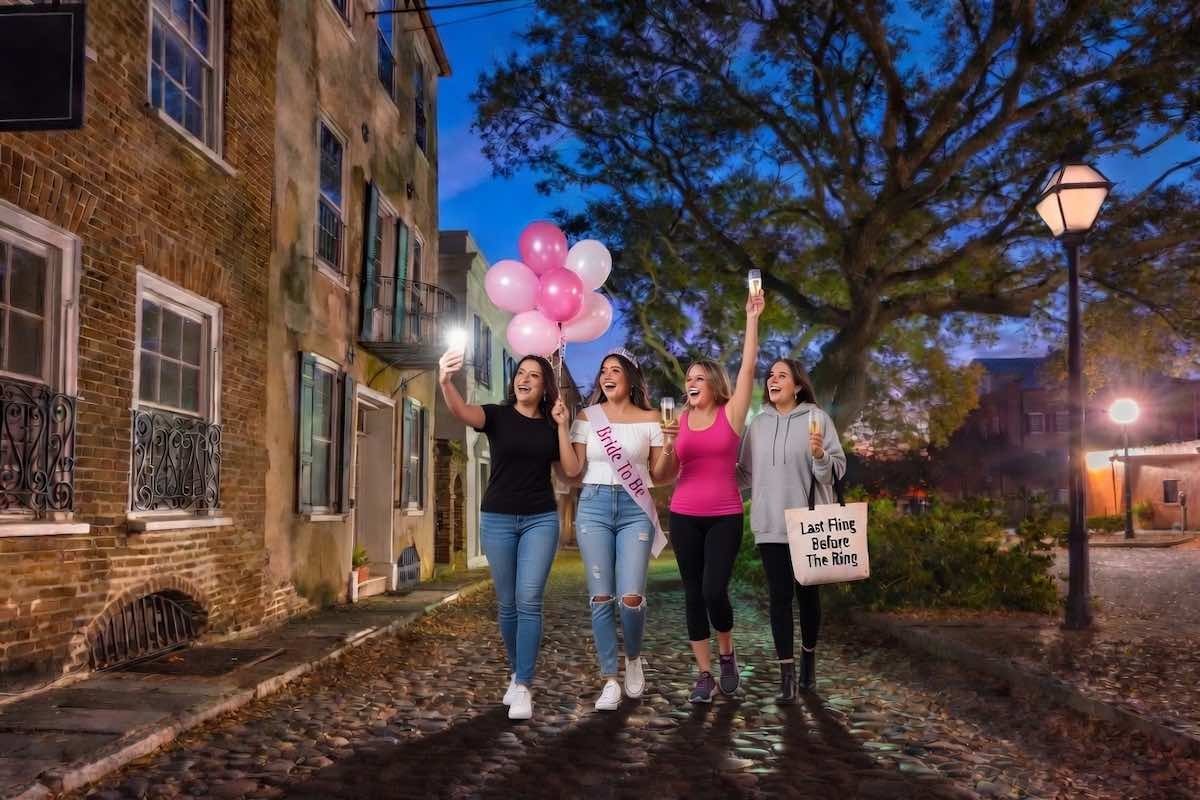 South Carolina bachelorettes walking around Charleston A group of women celebrating a South Carolina bachelorette party in Charleston